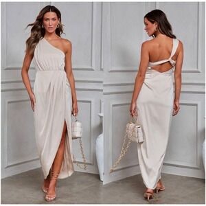 Vici Olia One Shoulder Maxi Dress Womens Small Champagne Beige Draped Party NWT